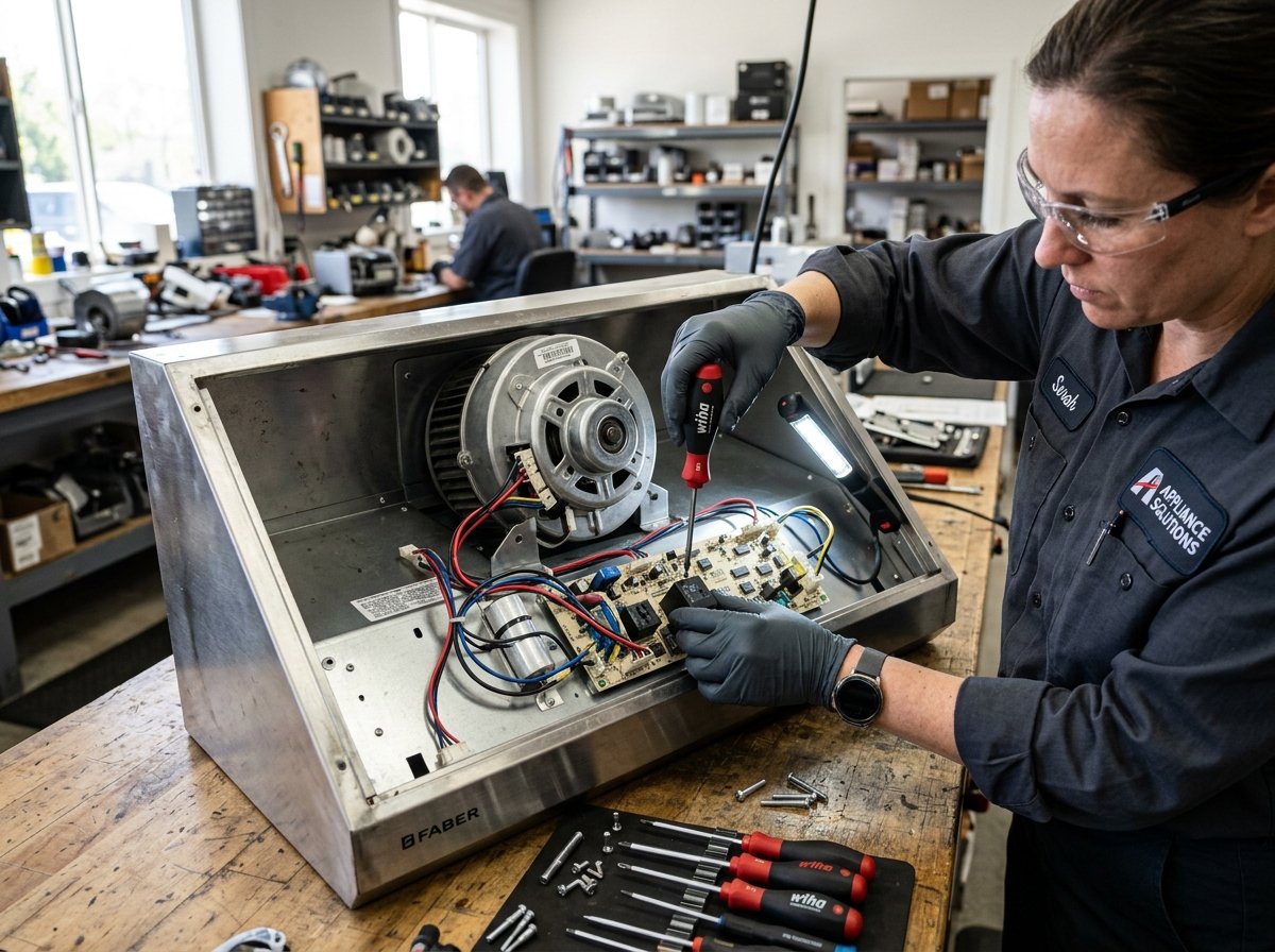 Appliance technician repairing internal kitchen hood motor assembly
